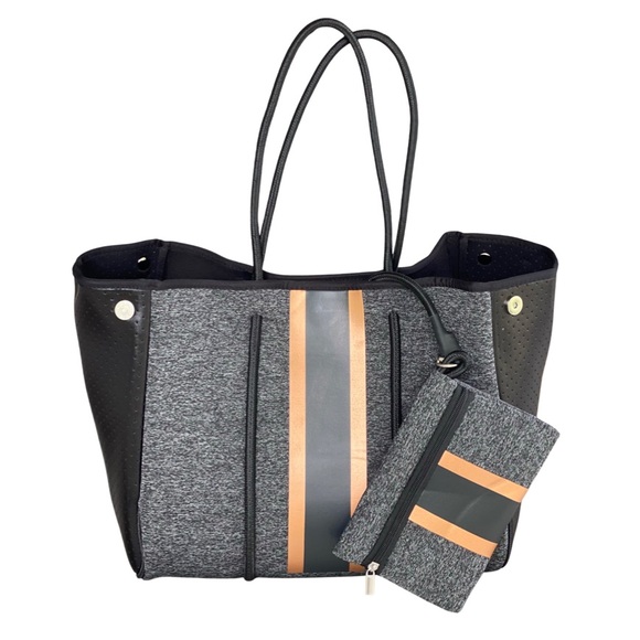 lemonbella Handbags - Lemonbella Ella Neoprene Tote & Clutch Black Gray Gold